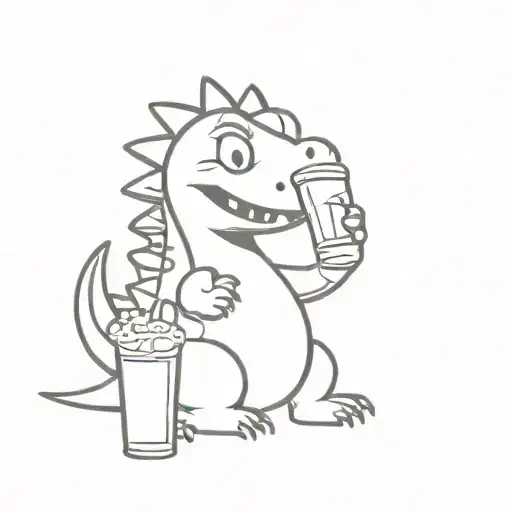 cartoon cute dinosaur wearing a t-shirt and holding a beer glass facing forward tattoo design idea