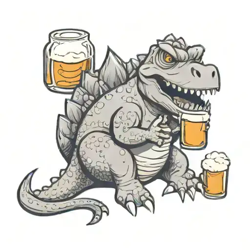 cartoon cute fat dinosaur sitting and holding a beer glass tattoo design idea