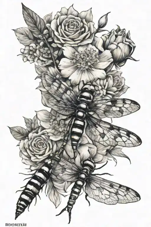 flowers, dragonfly, moth, bumblebee flying tattoo design idea