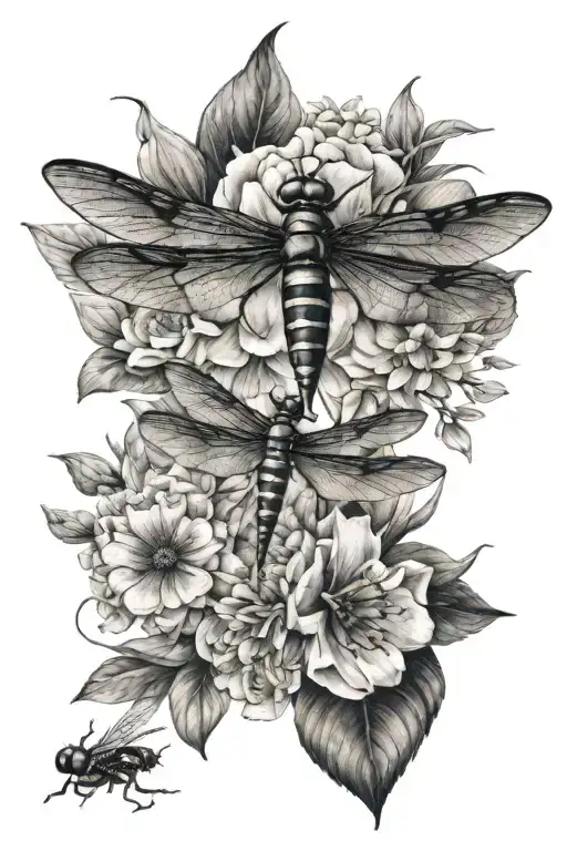dragonfly and moth and bumblebee on flowers intertwined tattoo design idea