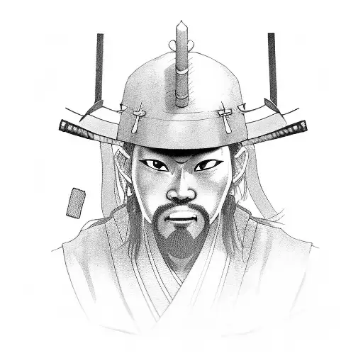 A black and grey portrait of a samurai holding a film clapperboard tattoo design idea