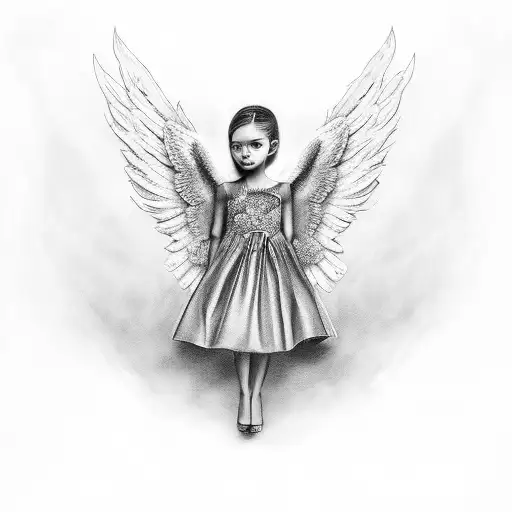 A black and grey realistic portrait of an angel with a money bag tattoo design idea