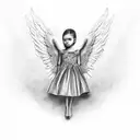A black and grey realistic portrait of an angel with a money bag tattoo design idea