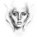 A black and grey realistic portrait of an angel with a money bag tattoo design idea