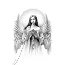 A black and grey realistic portrait of an angel with a money bag tattoo design idea