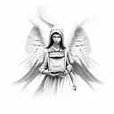 A black and grey realistic portrait of an angel with a money bag tattoo design idea