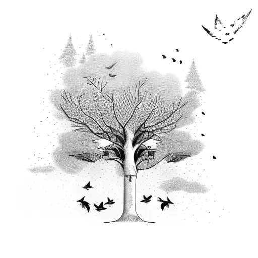 Tree with birds and dog tattoo design idea