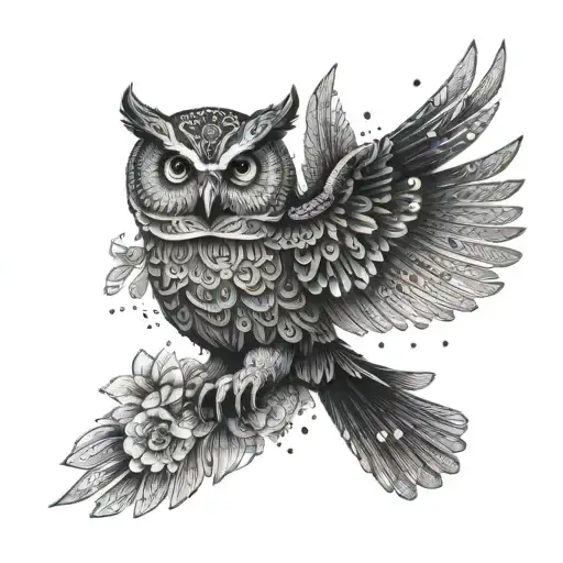 fine line flying owl with floral design tattoo design idea