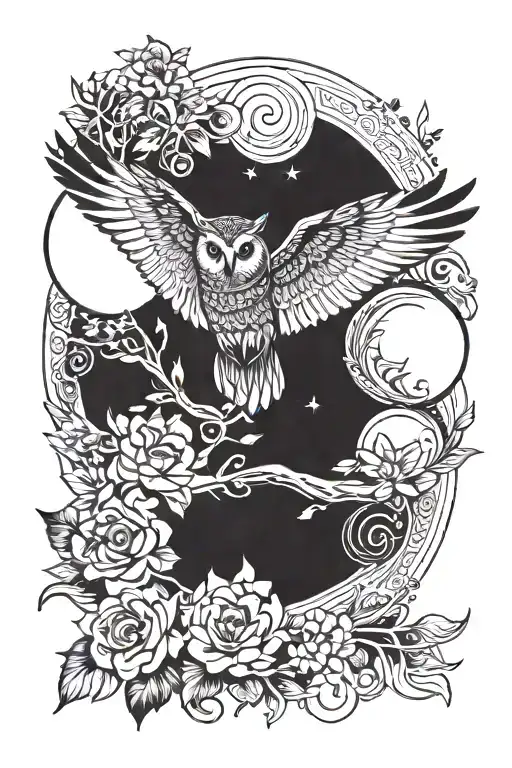 fine line floral flying owl with the moon background tattoo design idea