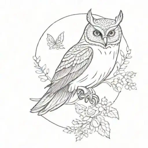 fine line flying owl with floral design tattoo design idea