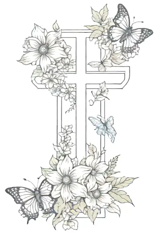 a cross with narcicuss, chrysanthemum and larkspur flowers with 3 butterfly's  tattoo design idea