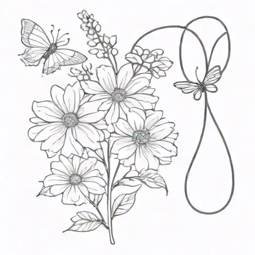 a cross with chrysanthemum, larkspur and narciccus flowers fine line with three simple butterfly's  tattoo design idea