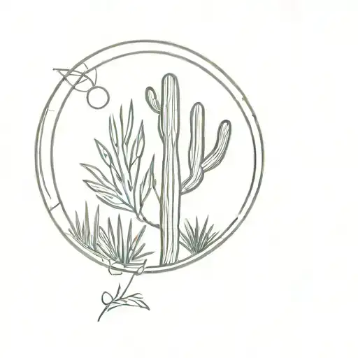 a New Mexico Zia symbol with yucca plant, road runner cactuses and pueblos inside the circle tattoo design idea
