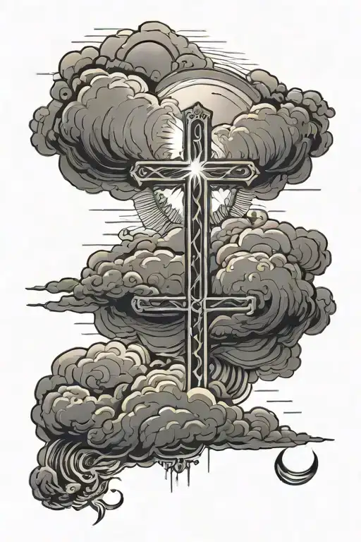 storm clouds with a cross and sun behind it and water underneath tattoo design idea