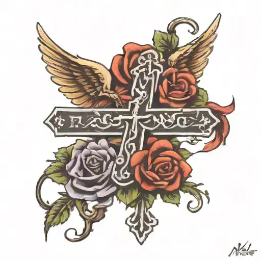 rose with wings and a cross with foot step prayer written tattoo design idea