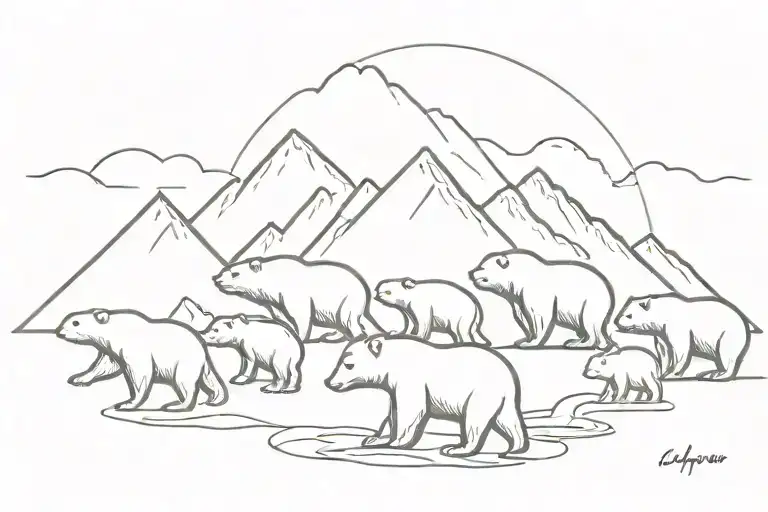 two adult bears and four baby bears in a line with a mountain range behind them. All fine lines tattoo design idea