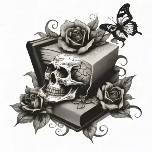 books with skull and butterflies and flowers flying out  tattoo design idea