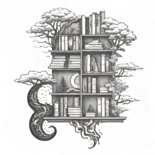 An intricate bookshelf tattoo surrounded by waves to and with 3 pine trees growing out of the top of shelf tattoo design idea
