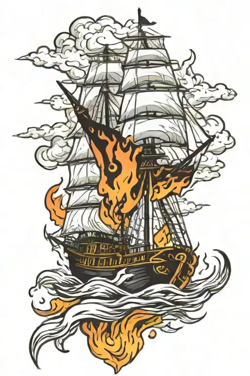 ship on fire tattoo design idea