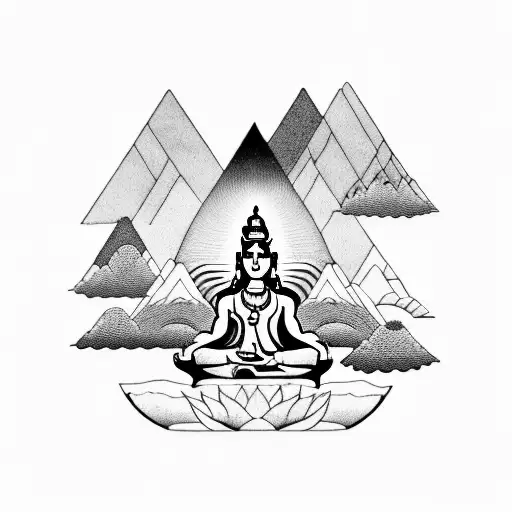 A serene mountain landscape with a meditating Shiva and Nandi, embodying peace and devotion tattoo design idea