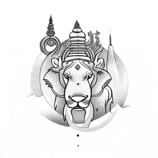 A serene mountain landscape with a meditating Shiva and Nandi, embodying peace and devotion tattoo design idea