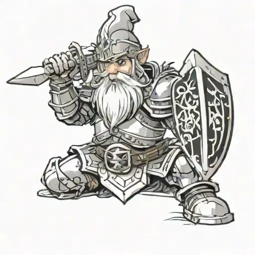 The drawing should feature a gnome in knight’s armor, and it should be done only in white, black, and gray. tattoo design idea