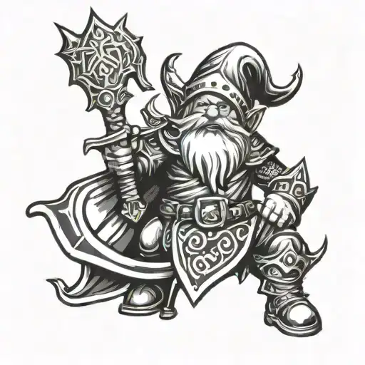 The drawing should feature a gnome in knight’s armor, and it should be done only in white, black, and gray. tattoo design idea