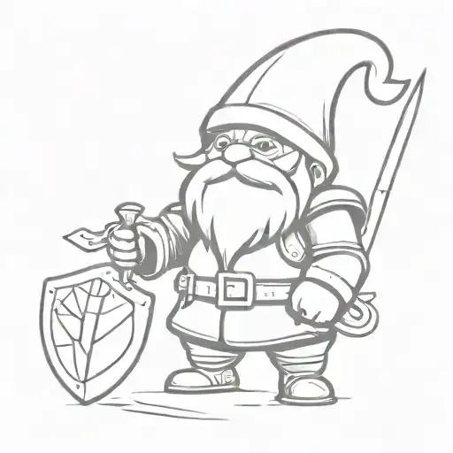 The drawing should feature a gnome in knight’s armor, and it should be done only in white, black, and gray. tattoo design idea