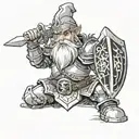 The drawing should feature a gnome in knight’s armor, and it should be done only in white, black, and gray. tattoo design idea