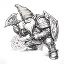 The drawing should feature a gnome in knight’s armor, and it should be done only in white, black, and gray. tattoo design idea