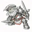 The drawing should feature a gnome in knight’s armor, and it should be done only in white, black, and gray. tattoo design idea