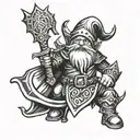 The drawing should feature a gnome in knight’s armor, and it should be done only in white, black, and gray. tattoo design idea