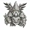 The drawing should feature a gnome in knight’s armor, and it should be done only in white, black, and gray. tattoo design idea