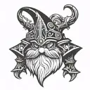 The drawing should feature a gnome in knight’s armor, and it should be done only in white, black, and gray. tattoo design idea