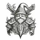 The drawing should feature a gnome in knight’s armor, and it should be done only in white, black, and gray. tattoo design idea