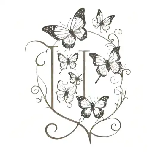 Create a tattoo template for a friendship tattoo with butterflies with the children's letters. L and H tattoo design idea