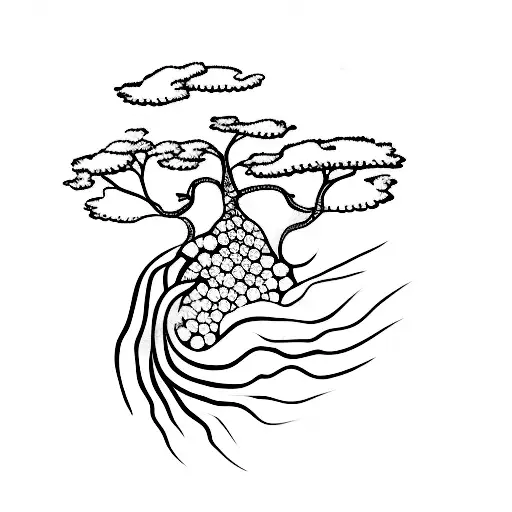 A minimalist tattoo of a grandmother's hand planting a tree underwater, with ocean plants and creatures surrounding it tattoo design idea