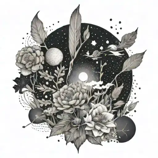 A fusion of botanical elements and space imagery, creating a surreal landscape where plants and galaxies coexist harmoniously, reflecting the dreamer's fascination with both nature and the cosmos tattoo design idea