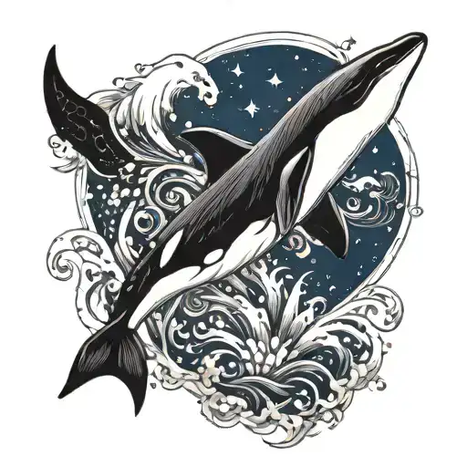 A minimalist design of an orca swimming in the deep blue ocean, surrounded by celestial elements to represent the dreamer's love for space and nature tattoo design idea