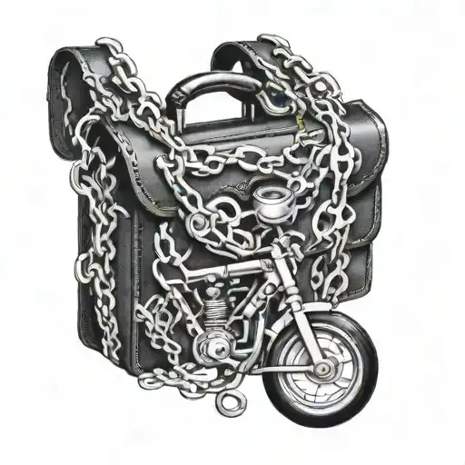 Incorporate a detailed bike chain weaving through a business briefcase, symbolizing the balance between work and passion tattoo design idea