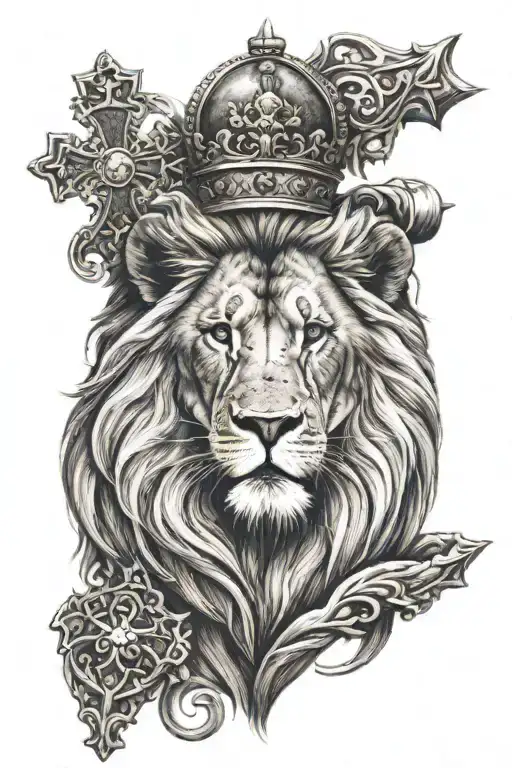 calm lion showing leadership with a cross for christianity  tattoo design idea