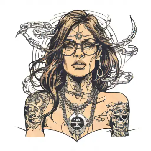 slim nude girl, glasses, long straight brown hair wet, ecstatic, eyes closed, open mouth, aces of spades, chains broken tattoo design idea