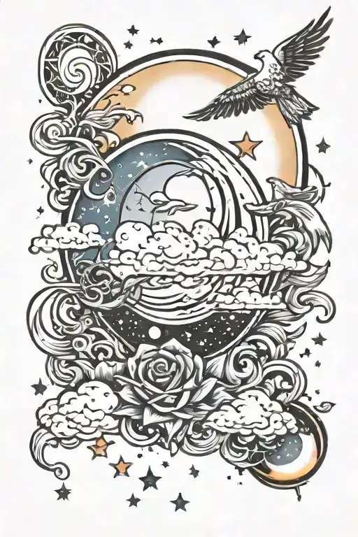 Sun and Moon and stars and clouds and birds tattoo design idea