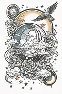 Sun and Moon and stars and clouds and birds tattoo design idea