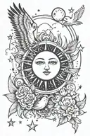 Sun and Moon and stars and clouds and birds tattoo design idea