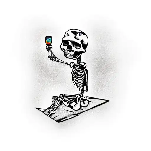 SKELETON CHILLING IN A LOUNGE CHAIR ON THE BEACH WITH A DRINK IN HIS HAND tattoo design idea