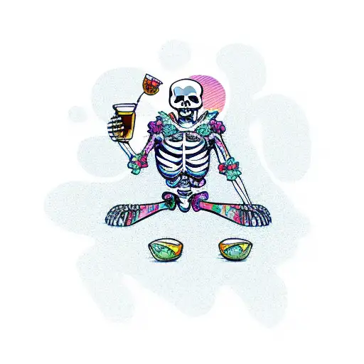 SKELETON wearing a hawaii shirt and shorts CHILLING IN A sunbed ON THE BEACH WITH A DRINK IN HIS HAND tattoo design idea