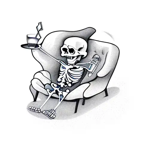 SKELETON CHILLING IN A LOUNGE CHAIR ON THE BEACH WITH A DRINK IN HIS HAND tattoo design idea