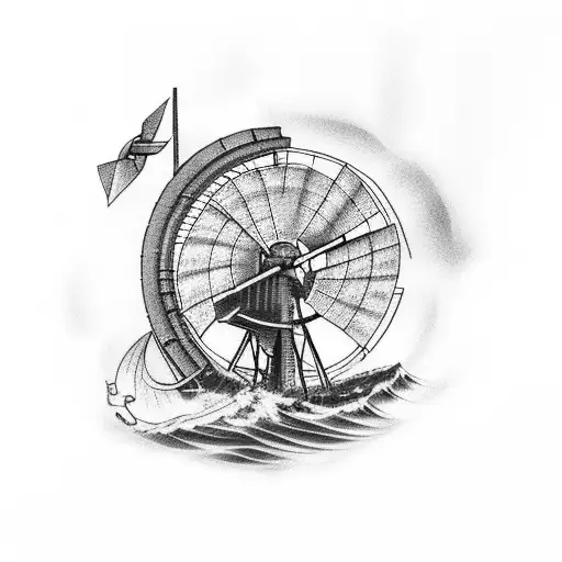 Windmill with ocean waves tattoo design idea