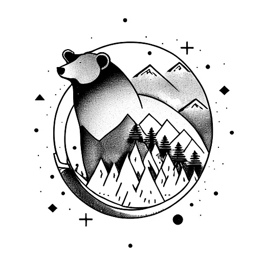 Bear, Moon, Forest, Compass, Mountains  tattoo design idea